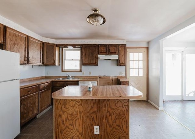 kitchen featuring under cabinet range hood, a healthy amount of sunlight, a sink, and freestanding refrigerator