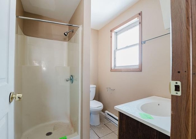 bathroom featuring a shower stall, toilet, and a baseboard radiator