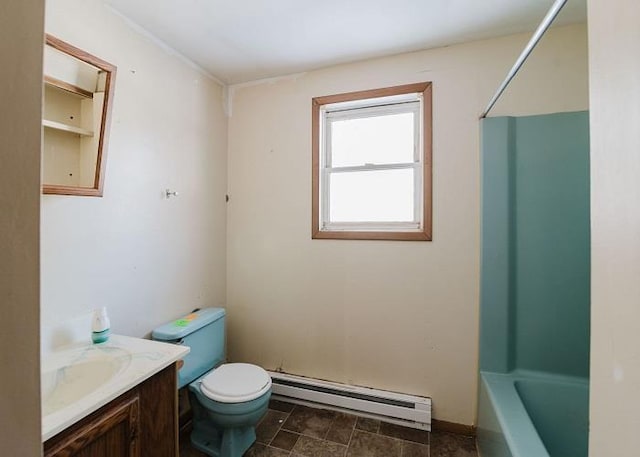 bathroom with vanity, a tub to relax in, a baseboard radiator, a shower, and toilet