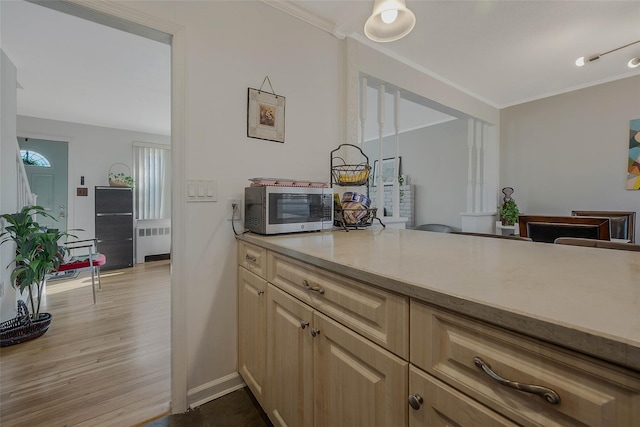 kitchen with dark wood-style floors, crown molding, light countertops, and radiator heating unit