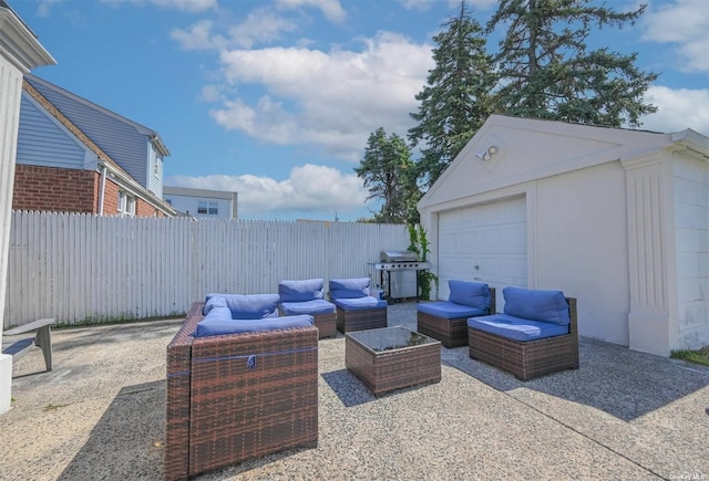 view of patio / terrace featuring outdoor lounge area, an outdoor structure, area for grilling, and fence