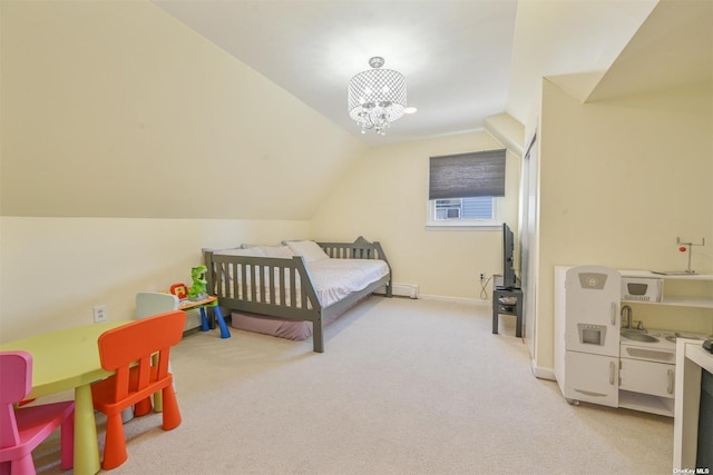 carpeted bedroom featuring a chandelier, baseboards, and lofted ceiling