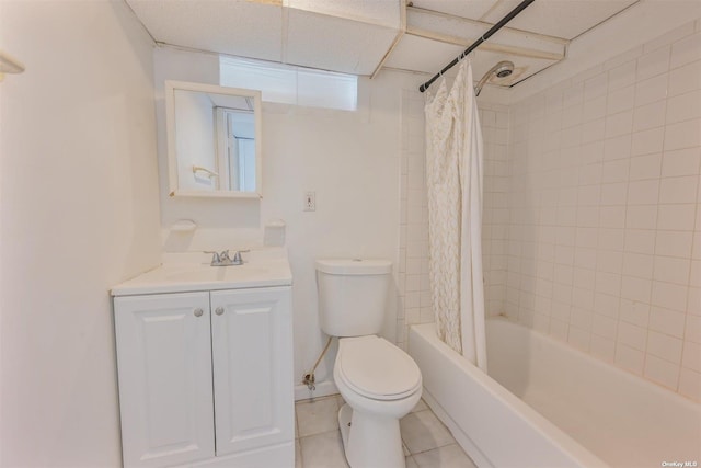 bathroom with tile patterned floors, shower / bathtub combination with curtain, toilet, and vanity