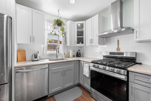 kitchen with range hood, gray cabinetry, stainless steel appliances, and a sink