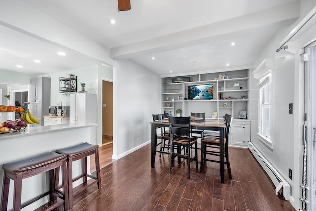 dining area featuring beam ceiling, recessed lighting, a baseboard radiator, baseboards, and dark wood-style flooring