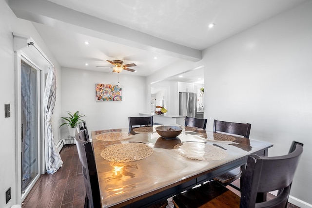 dining space featuring a ceiling fan, recessed lighting, dark wood-style flooring, and baseboards