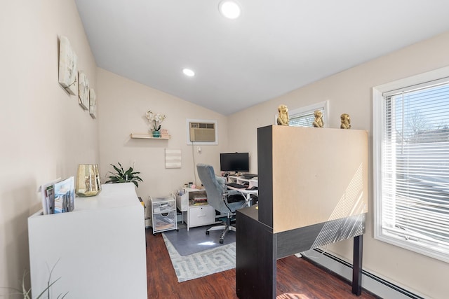 office with recessed lighting, dark wood-style flooring, vaulted ceiling, a wall mounted air conditioner, and baseboard heating