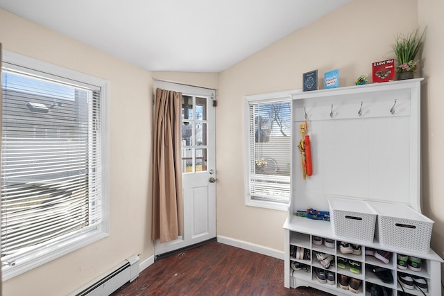 mudroom featuring baseboard heating, dark wood-type flooring, baseboards, and vaulted ceiling