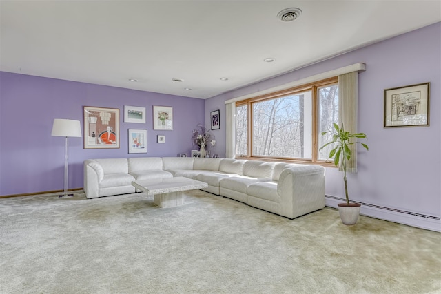 unfurnished living room with visible vents, baseboard heating, and carpet