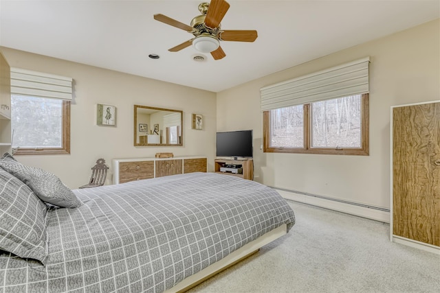 bedroom with a baseboard heating unit, carpet flooring, visible vents, and ceiling fan