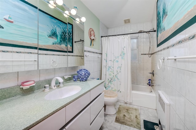 bathroom featuring vanity, visible vents, radiator heating unit, tile walls, and shower / tub combo with curtain