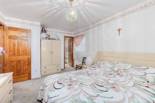 bedroom with light carpet, a notable chandelier, and radiator heating unit