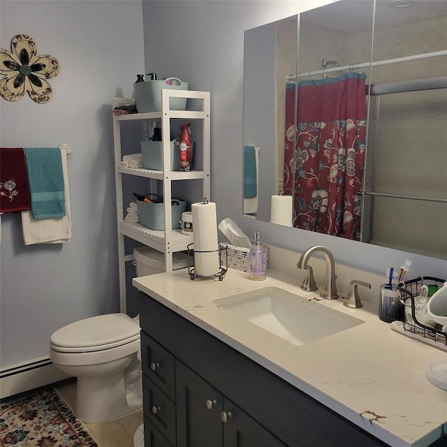 bathroom featuring a baseboard radiator, curtained shower, toilet, and vanity