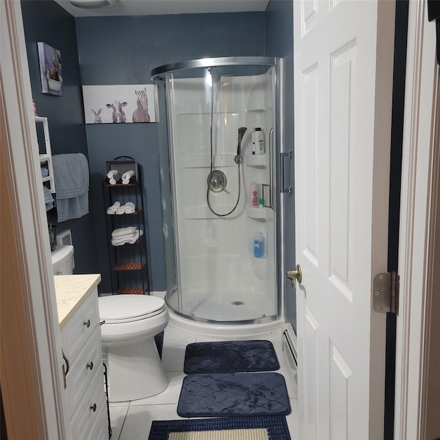 full bath featuring vanity, toilet, and a stall shower