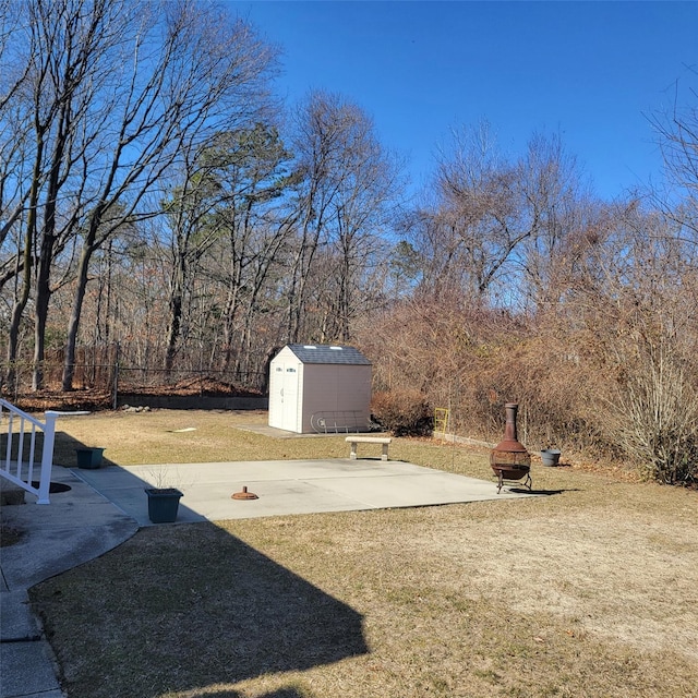 view of yard with a storage shed, a patio area, and an outdoor structure