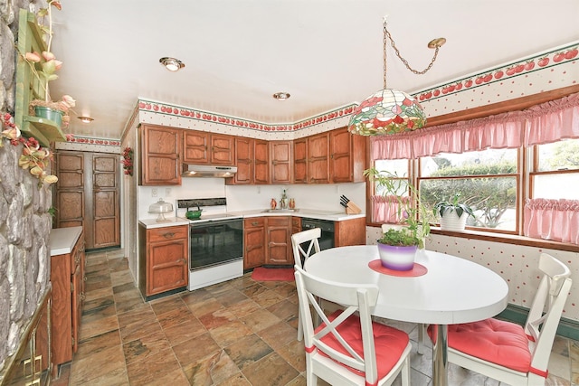 kitchen featuring under cabinet range hood, electric range, black dishwasher, and brown cabinetry