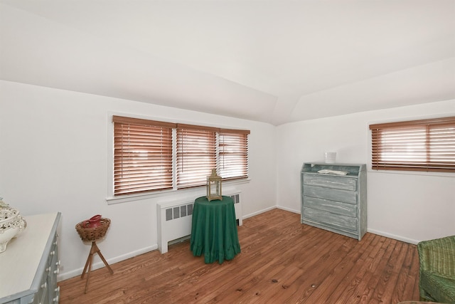 misc room with a healthy amount of sunlight, radiator, lofted ceiling, and wood finished floors