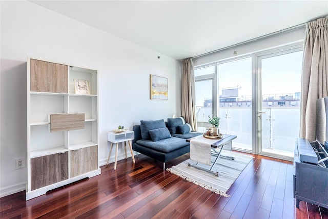 living area featuring baseboards and dark wood-style flooring