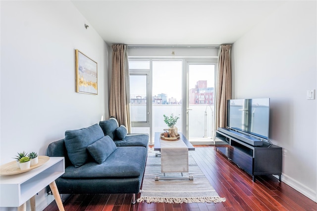 living area featuring baseboards and dark wood-style flooring