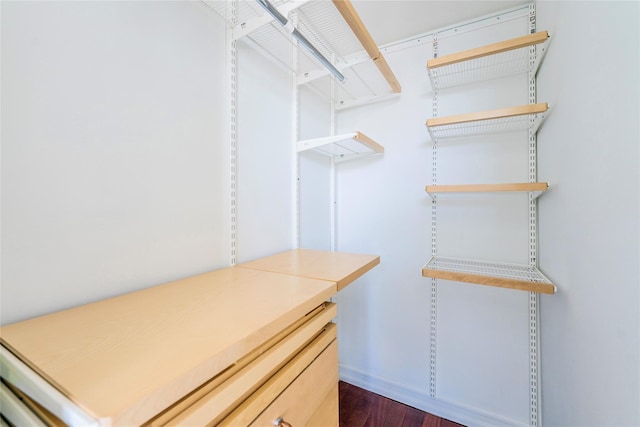 spacious closet with dark wood finished floors