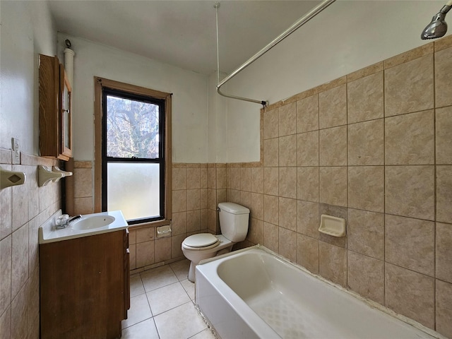 full bathroom featuring vanity,  shower combination, tile patterned flooring, tile walls, and toilet