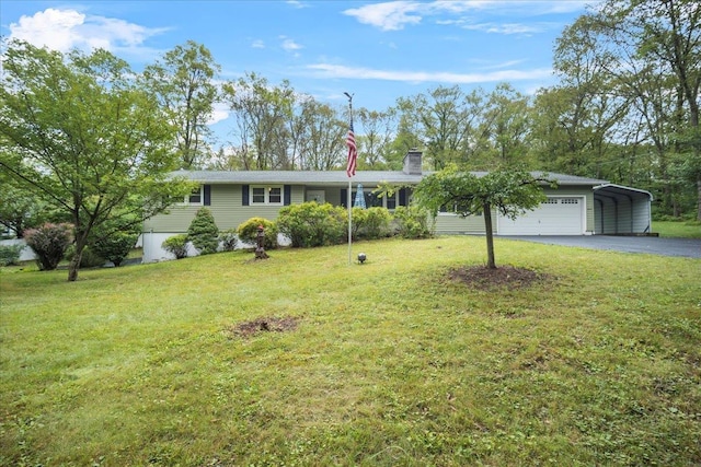 single story home with aphalt driveway, a carport, a chimney, and a front lawn