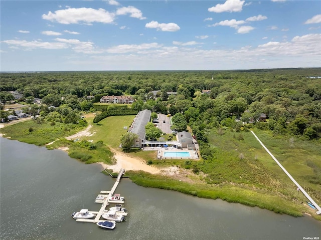 birds eye view of property featuring a view of trees and a water view