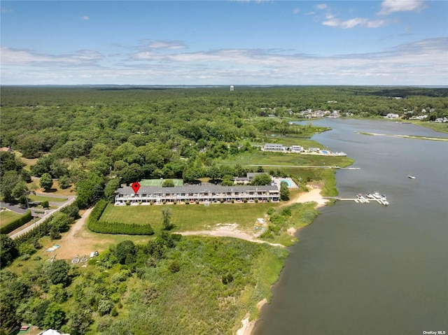 drone / aerial view with a forest view and a water view