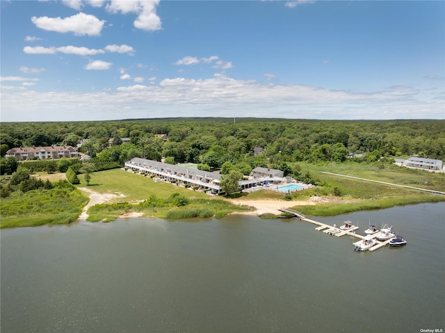 bird's eye view with a forest view and a water view