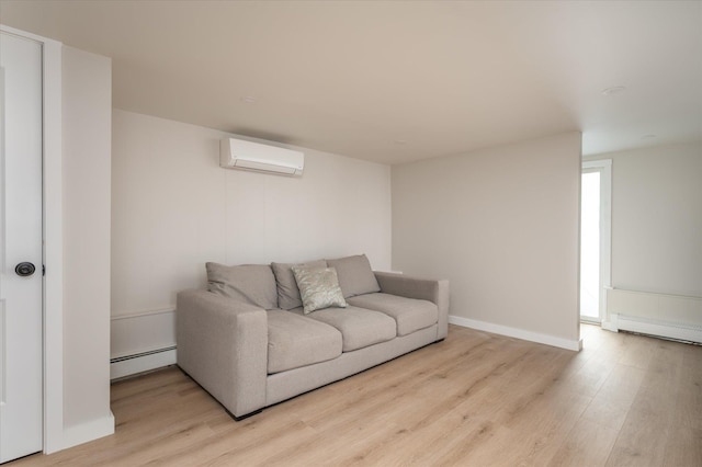 living room with a wall mounted air conditioner, light wood-type flooring, and a baseboard radiator