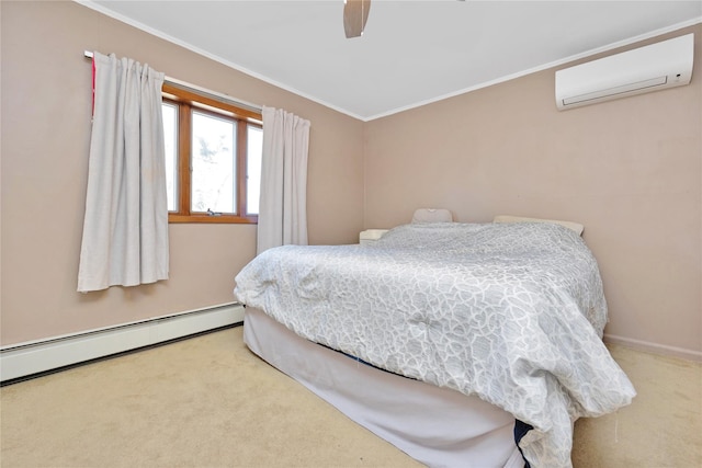 carpeted bedroom with crown molding, baseboards, a baseboard heating unit, ceiling fan, and a wall mounted AC