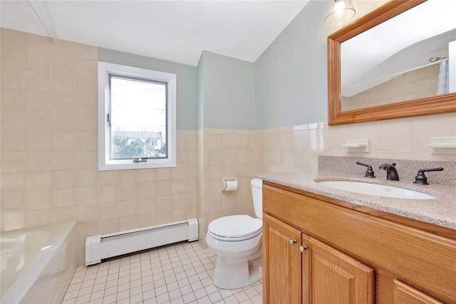 bathroom with a tub, baseboard heating, tile walls, toilet, and tile patterned floors