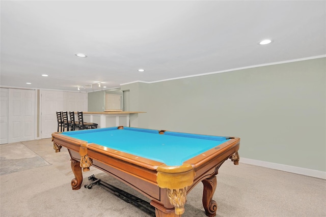 rec room featuring recessed lighting, baseboards, carpet, and ornamental molding