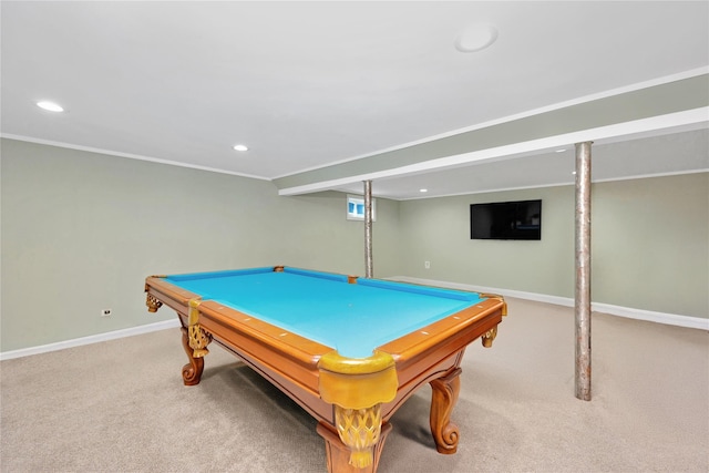 game room with recessed lighting, pool table, baseboards, and carpet