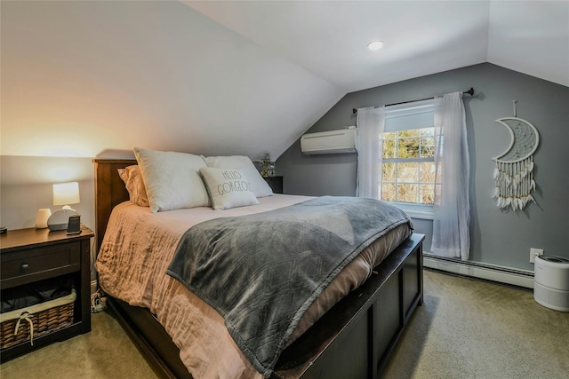 carpeted bedroom featuring a wall mounted air conditioner, a baseboard heating unit, and lofted ceiling