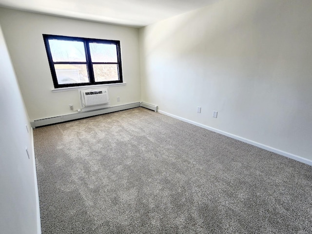 empty room featuring a baseboard radiator, carpet floors, baseboards, and a wall unit AC