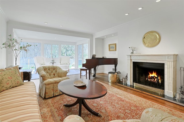 33 N Way, Chappaqua, NY 10514 - living area featuring a high end fireplace, ornamental molding, recessed lighting, and wood finished floors