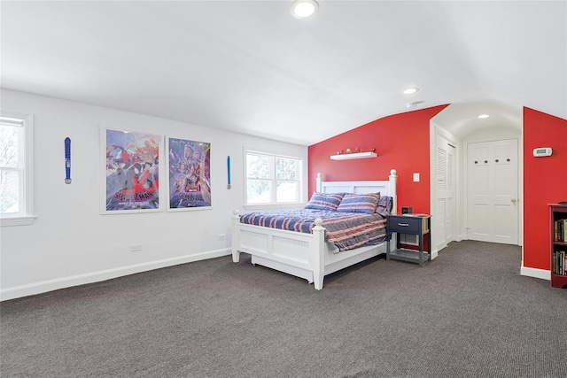 33 N Way, Chappaqua, NY 10514 - bedroom with recessed lighting, baseboards, vaulted ceiling, and dark carpet