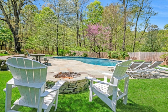 33 N Way, Chappaqua, NY 10514 - view of pool with a fenced in pool, a fenced backyard, an outdoor fire pit, a yard, and a patio