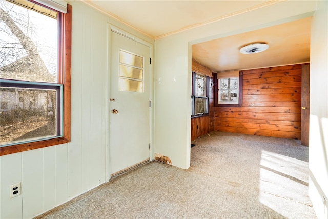 foyer entrance featuring wood walls, carpet flooring, and crown molding