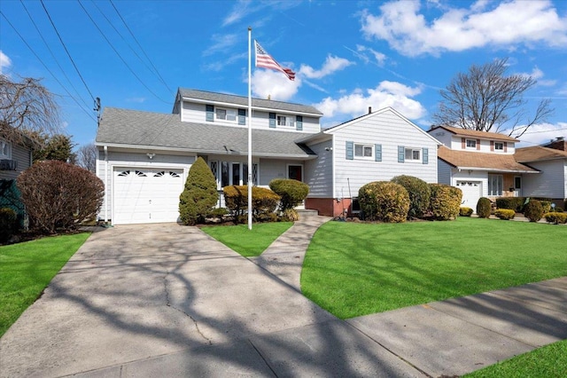 view of front of house featuring a garage, driveway, roof with shingles, and a front lawn