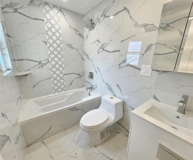 full bathroom featuring toilet, a combined bath / shower with marble appearance, stone wall, marble finish floor, and vanity