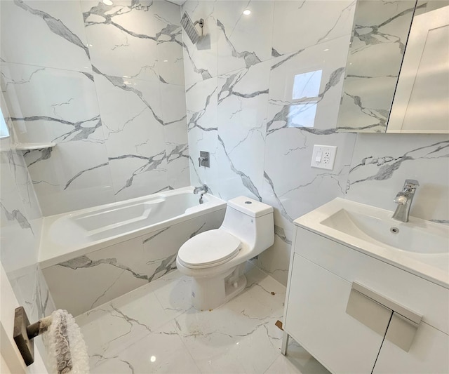 bathroom with toilet, marble finish floor, a combined bath / shower with marble appearance, stone wall, and vanity