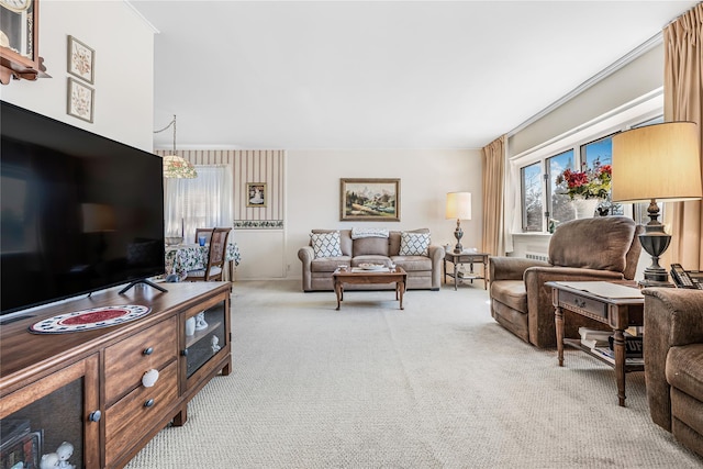 living area with light colored carpet