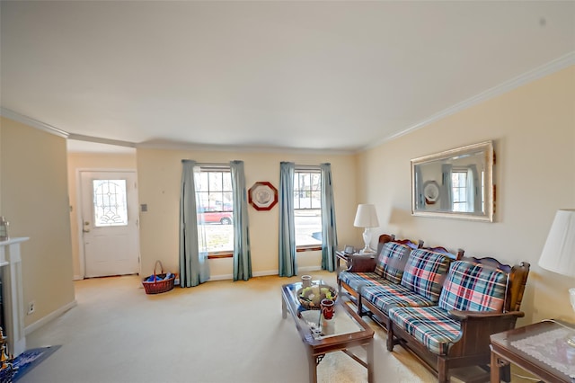 living area with carpet flooring, baseboards, and ornamental molding