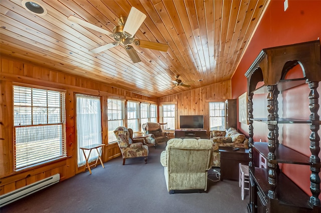 living area featuring carpet floors, wood walls, wooden ceiling, baseboard heating, and vaulted ceiling