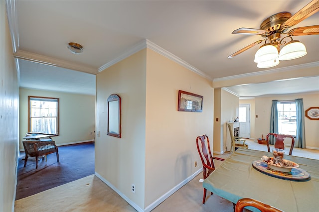 carpeted dining area with crown molding, a ceiling fan, and baseboards