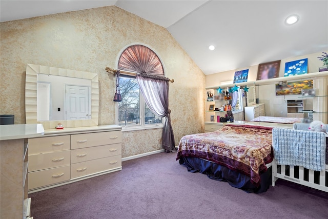 carpeted bedroom with wallpapered walls, vaulted ceiling, recessed lighting, and baseboards