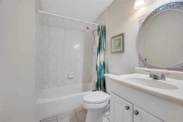 bathroom with toilet, shower / bath combination with curtain, vanity, and tile patterned flooring