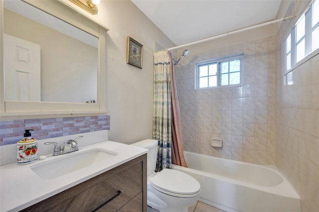 full bath with shower / bathtub combination with curtain, toilet, a healthy amount of sunlight, and backsplash